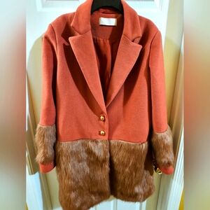 Anthropologie Keepsake Wool and Faux Fur Coat - X-Large Reddish Orange